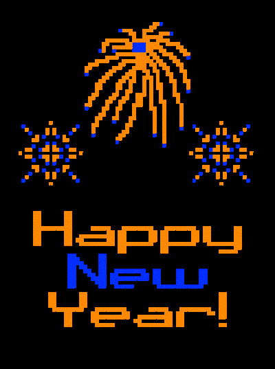 An animation showing several card faces, each with the words Happy New Year and a different large firework in the middle with two smaller fireworks on either side.