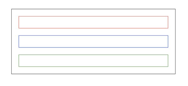 A wide rectangle with black outline and white fill that contains three smaller white rectangles. From top down, the inner rectangles are outlined in red, blue, and green.